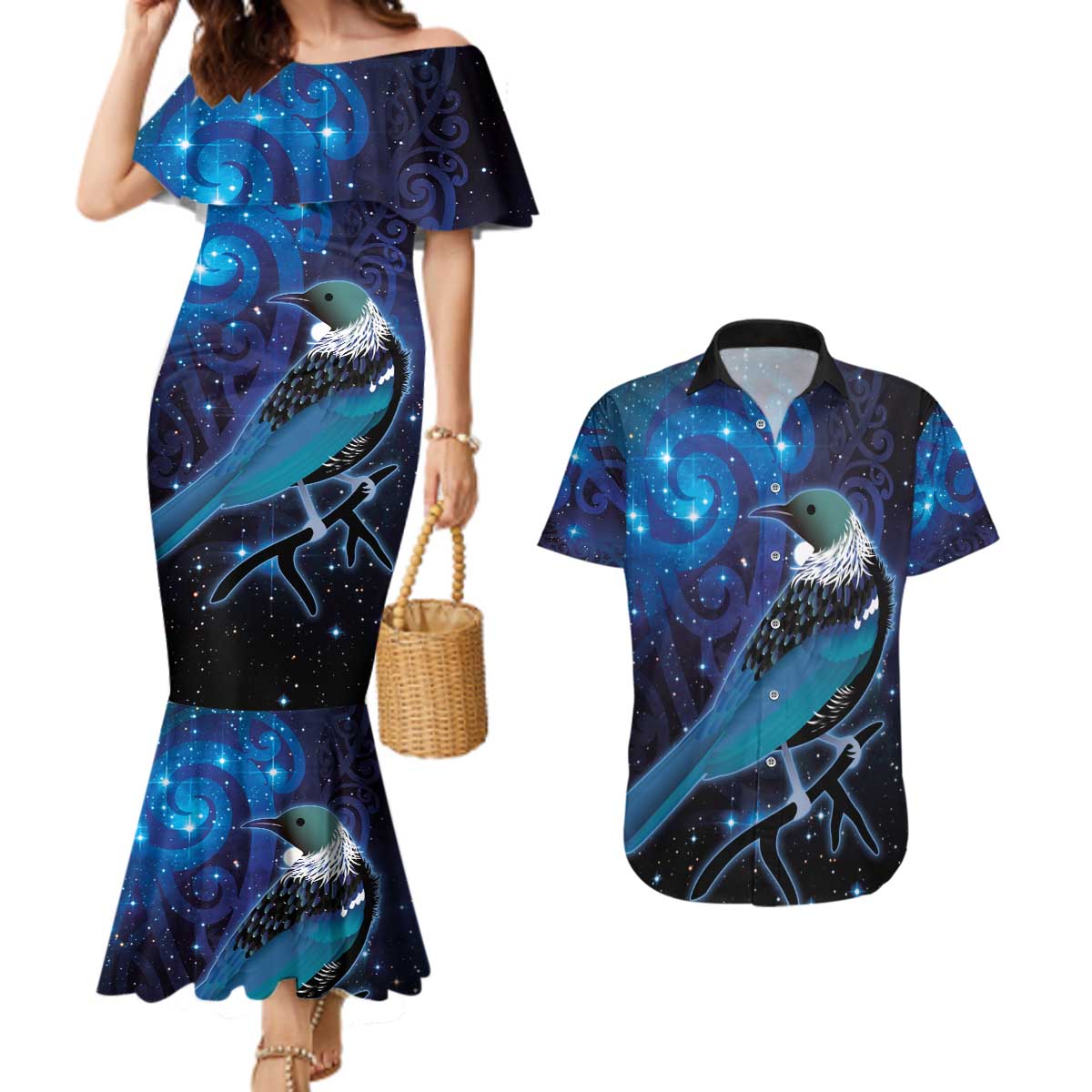 New Zealand Tui Bird Couples Matching Mermaid Dress and Hawaiian Shirt The Pleiades Star Cluster and Koru Tribal Tattoo Galaxy Vibe