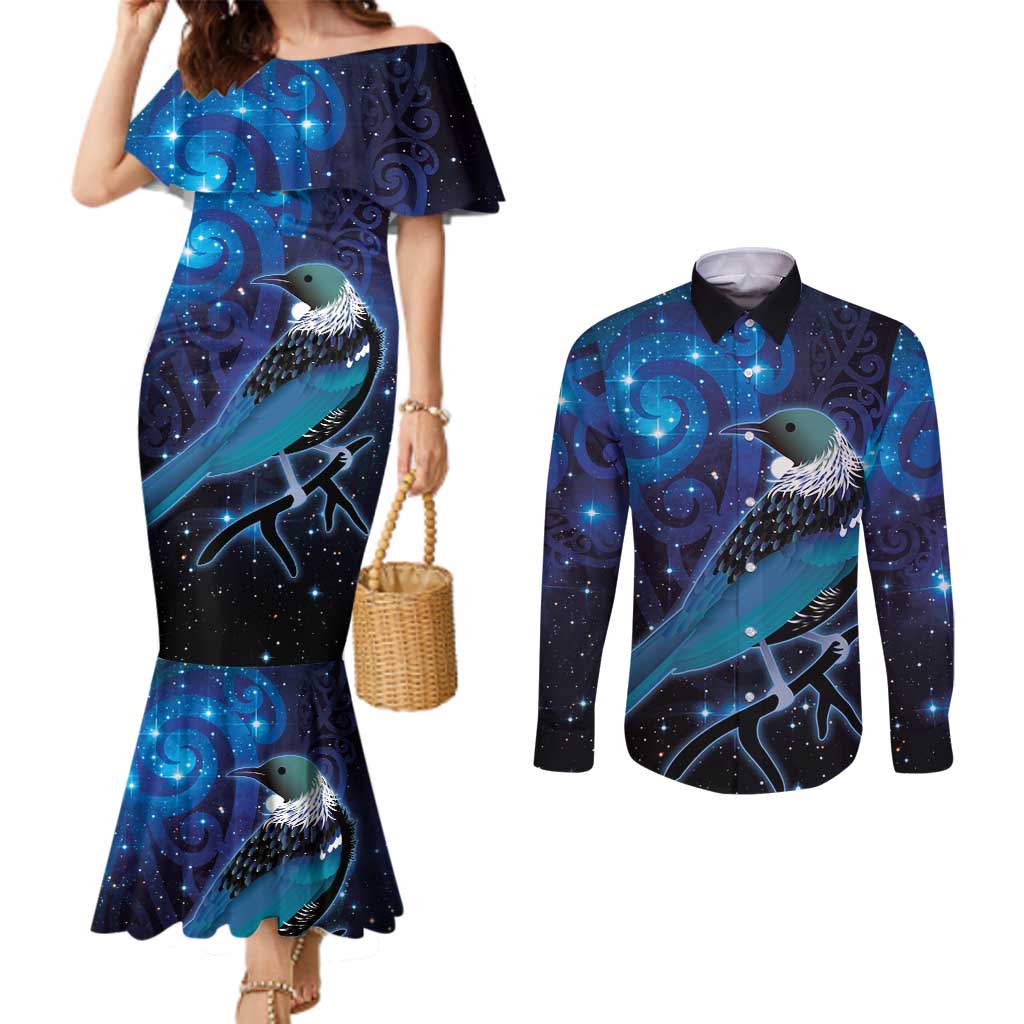 New Zealand Tui Bird Couples Matching Mermaid Dress and Long Sleeve Button Shirt The Pleiades Star Cluster and Koru Tribal Tattoo Galaxy Vibe