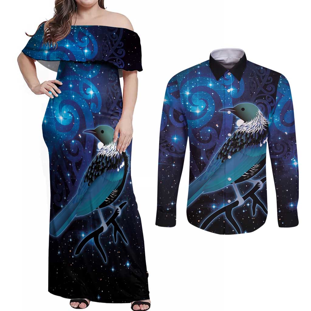New Zealand Tui Bird Couples Matching Off Shoulder Maxi Dress and Long Sleeve Button Shirt The Pleiades Star Cluster and Koru Tribal Tattoo Galaxy Vibe