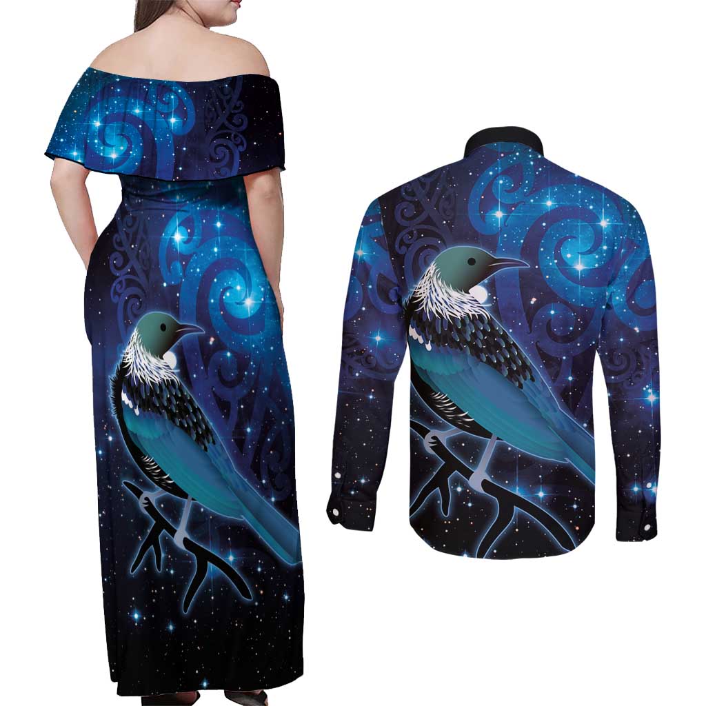 New Zealand Tui Bird Couples Matching Off Shoulder Maxi Dress and Long Sleeve Button Shirt The Pleiades Star Cluster and Koru Tribal Tattoo Galaxy Vibe