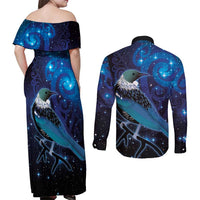 New Zealand Tui Bird Couples Matching Off Shoulder Maxi Dress and Long Sleeve Button Shirt The Pleiades Star Cluster and Koru Tribal Tattoo Galaxy Vibe