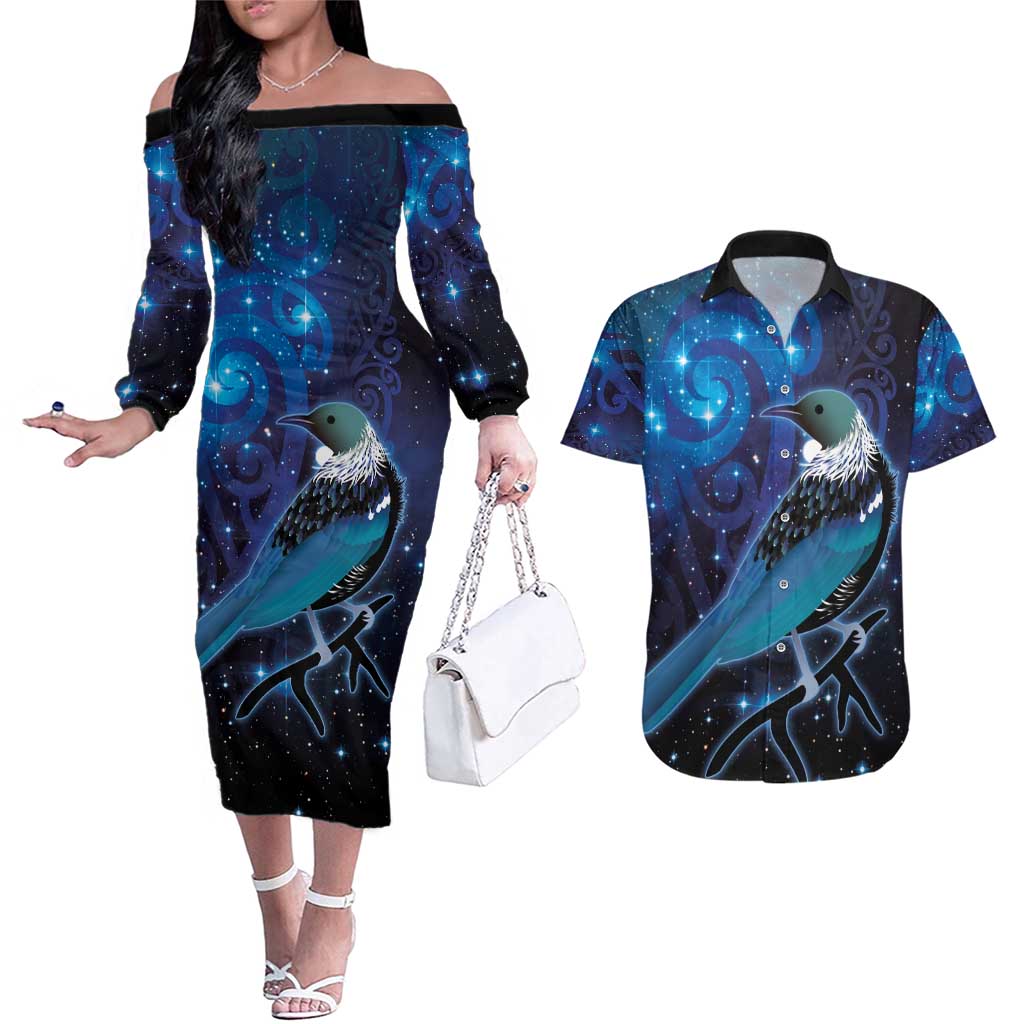New Zealand Tui Bird Couples Matching Off The Shoulder Long Sleeve Dress and Hawaiian Shirt The Pleiades Star Cluster and Koru Tribal Tattoo Galaxy Vibe