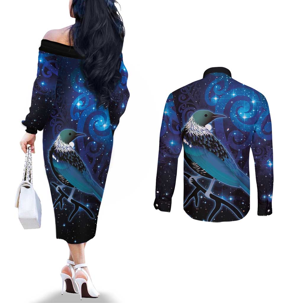 New Zealand Tui Bird Couples Matching Off The Shoulder Long Sleeve Dress and Long Sleeve Button Shirt The Pleiades Star Cluster and Koru Tribal Tattoo Galaxy Vibe