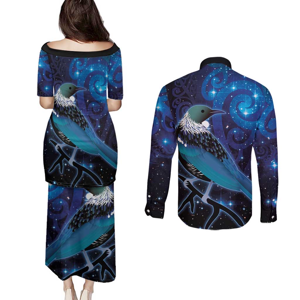 New Zealand Tui Bird Couples Matching Puletasi and Long Sleeve Button Shirt The Pleiades Star Cluster and Koru Tribal Tattoo Galaxy Vibe