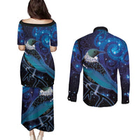 New Zealand Tui Bird Couples Matching Puletasi and Long Sleeve Button Shirt The Pleiades Star Cluster and Koru Tribal Tattoo Galaxy Vibe