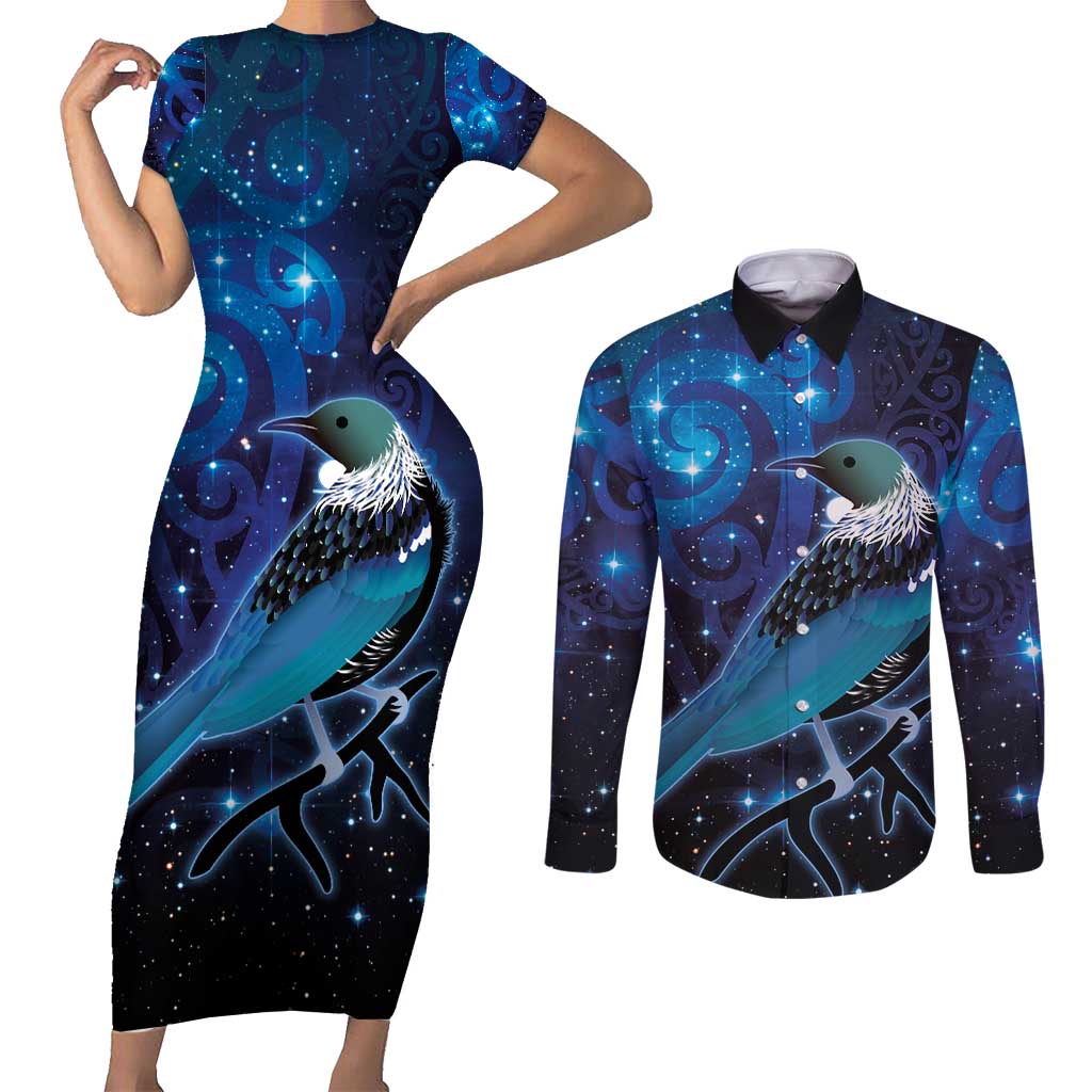 New Zealand Tui Bird Couples Matching Short Sleeve Bodycon Dress and Long Sleeve Button Shirt The Pleiades Star Cluster and Koru Tribal Tattoo Galaxy Vibe