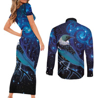 New Zealand Tui Bird Couples Matching Short Sleeve Bodycon Dress and Long Sleeve Button Shirt The Pleiades Star Cluster and Koru Tribal Tattoo Galaxy Vibe