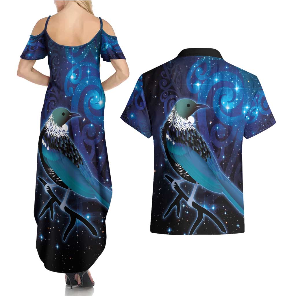 New Zealand Tui Bird Couples Matching Summer Maxi Dress and Hawaiian Shirt The Pleiades Star Cluster and Koru Tribal Tattoo Galaxy Vibe