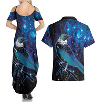 New Zealand Tui Bird Couples Matching Summer Maxi Dress and Hawaiian Shirt The Pleiades Star Cluster and Koru Tribal Tattoo Galaxy Vibe