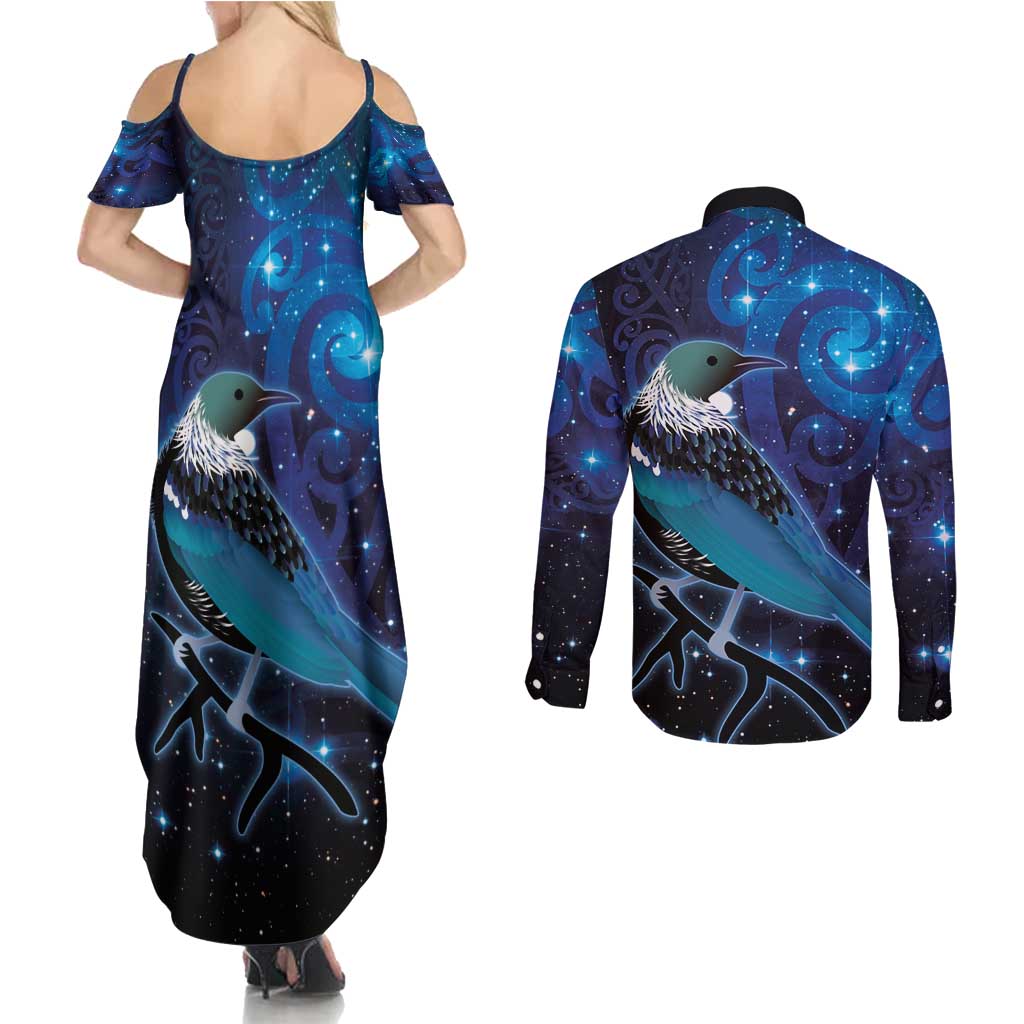 New Zealand Tui Bird Couples Matching Summer Maxi Dress and Long Sleeve Button Shirt The Pleiades Star Cluster and Koru Tribal Tattoo Galaxy Vibe