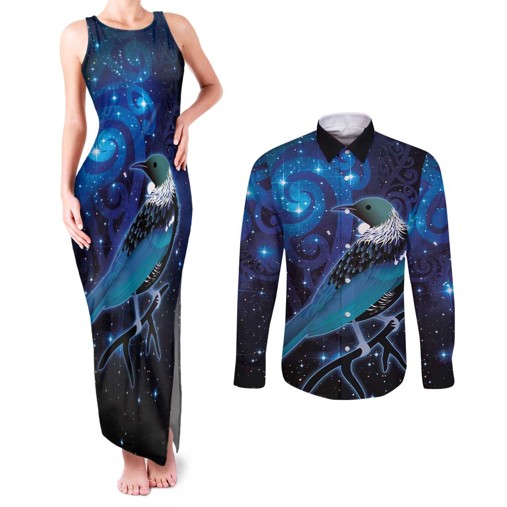 New Zealand Tui Bird Couples Matching Tank Maxi Dress and Long Sleeve Button Shirt The Pleiades Star Cluster and Koru Tribal Tattoo Galaxy Vibe