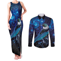 New Zealand Tui Bird Couples Matching Tank Maxi Dress and Long Sleeve Button Shirt The Pleiades Star Cluster and Koru Tribal Tattoo Galaxy Vibe