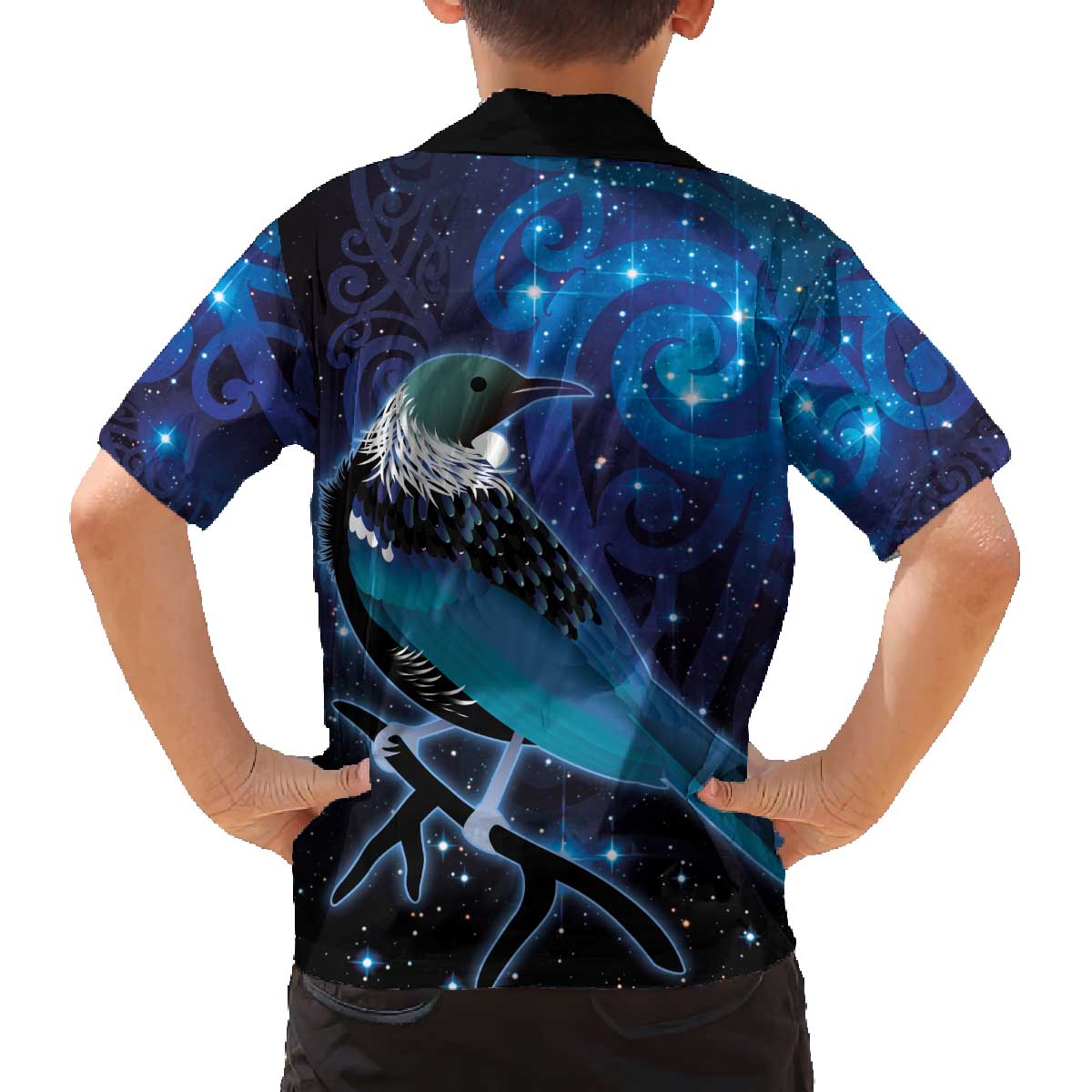 New Zealand Tui Bird Family Matching Off The Shoulder Long Sleeve Dress and Hawaiian Shirt The Pleiades Star Cluster and Koru Tribal Tattoo Galaxy Vibe
