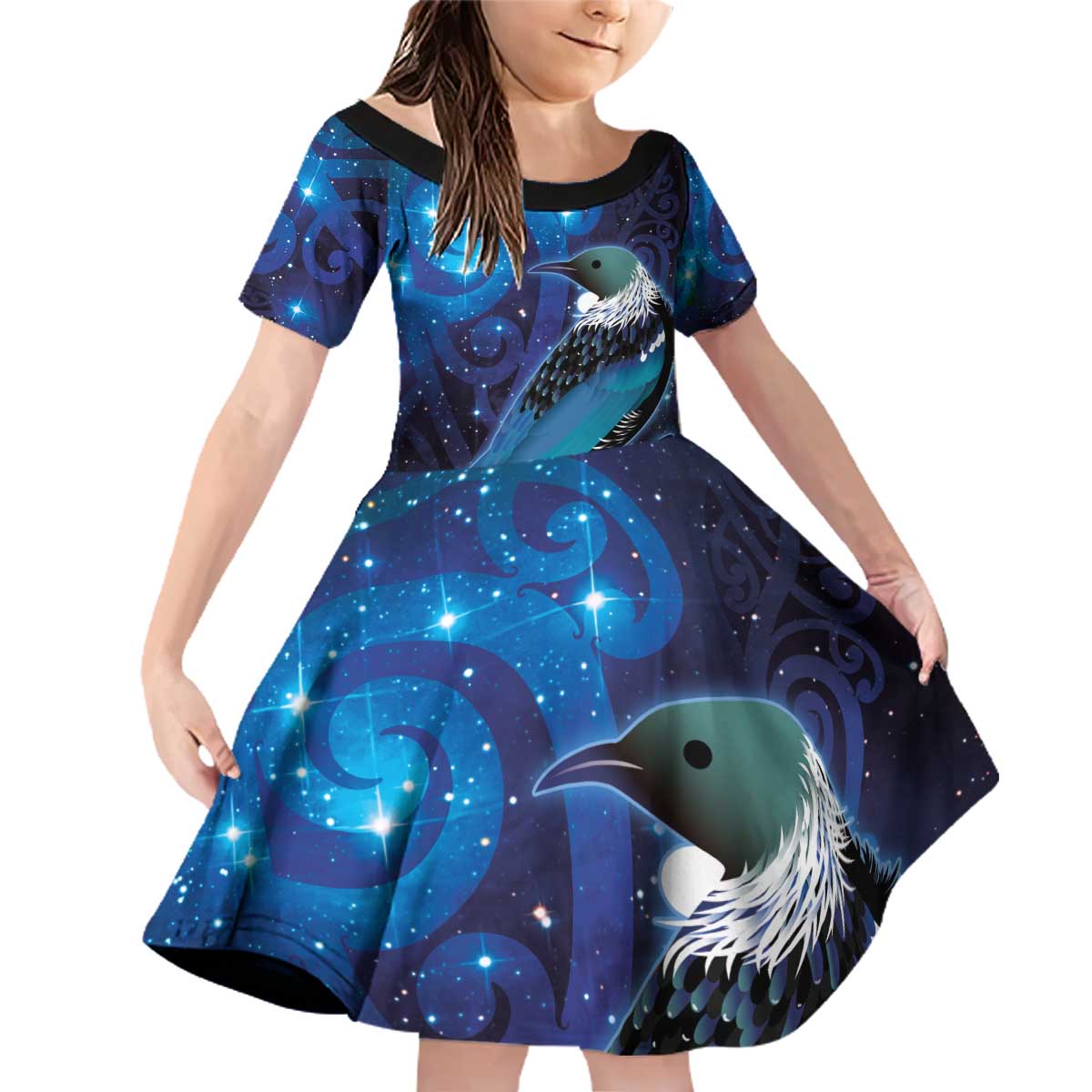 New Zealand Tui Bird Family Matching Off Shoulder Short Dress and Hawaiian Shirt The Pleiades Star Cluster and Koru Tribal Tattoo Galaxy Vibe
