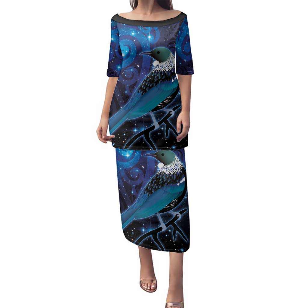 New Zealand Tui Bird Family Matching Puletasi and Hawaiian Shirt The Pleiades Star Cluster and Koru Tribal Tattoo Galaxy Vibe