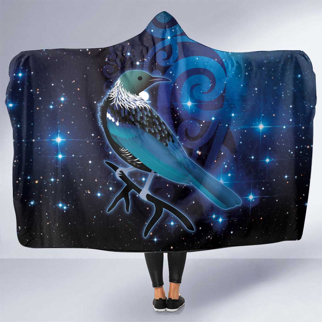 New Zealand Tui Bird Hooded Blanket The Pleiades Star Cluster and Koru Tribal Tattoo Galaxy Vibe