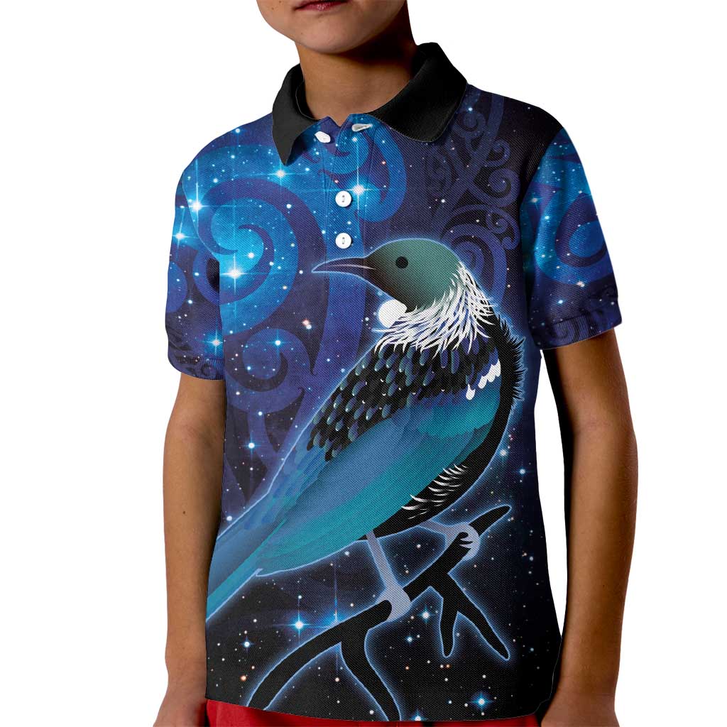 New Zealand Tui Bird Kid Polo Shirt The Pleiades Star Cluster and Koru Tribal Tattoo Galaxy Vibe LT03 Kid Blue - Polynesian Pride