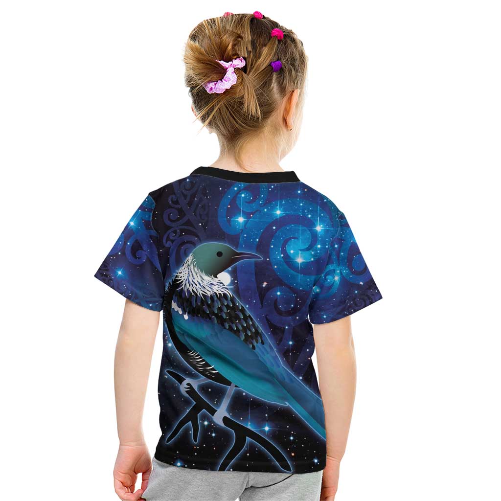 New Zealand Tui Bird Kid T Shirt The Pleiades Star Cluster and Koru Tribal Tattoo Galaxy Vibe LT03 - Polynesian Pride