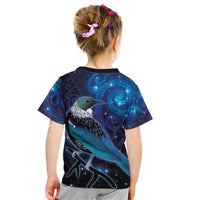 New Zealand Tui Bird Kid T Shirt The Pleiades Star Cluster and Koru Tribal Tattoo Galaxy Vibe LT03 - Polynesian Pride