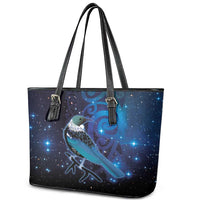 New Zealand Tui Bird Leather Tote Bag The Pleiades Star Cluster and Koru Tribal Tattoo Galaxy Vibe LT03 - Polynesian Pride
