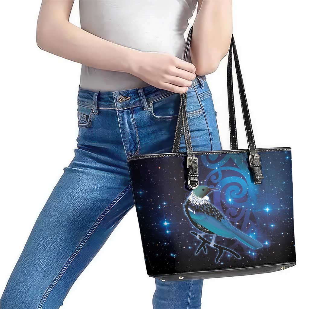 New Zealand Tui Bird Leather Tote Bag The Pleiades Star Cluster and Koru Tribal Tattoo Galaxy Vibe LT03 - Polynesian Pride