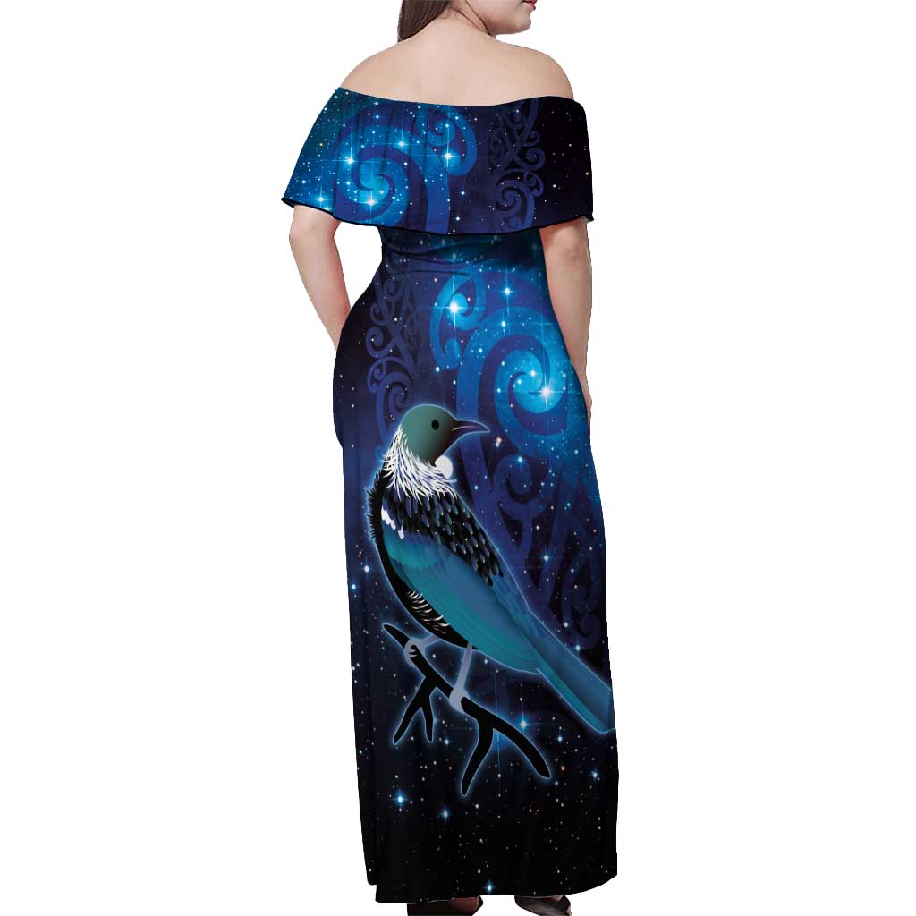 New Zealand Tui Bird Off Shoulder Maxi Dress The Pleiades Star Cluster and Koru Tribal Tattoo Galaxy Vibe
