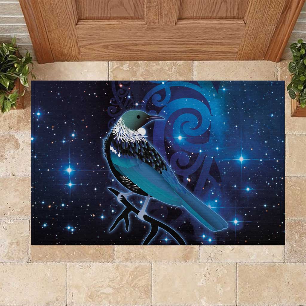 New Zealand Tui Bird Rubber Doormat The Pleiades Star Cluster and Koru Tribal Tattoo Galaxy Vibe LT03 Blue - Polynesian Pride