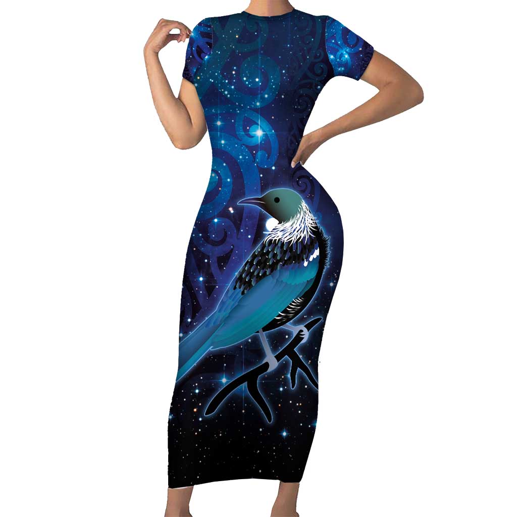 New Zealand Tui Bird Short Sleeve Bodycon Dress The Pleiades Star Cluster and Koru Tribal Tattoo Galaxy Vibe