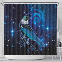 New Zealand Tui Bird Shower Curtain The Pleiades Star Cluster and Koru Tribal Tattoo Galaxy Vibe LT03 - Polynesian Pride