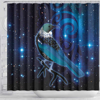New Zealand Tui Bird Shower Curtain The Pleiades Star Cluster and Koru Tribal Tattoo Galaxy Vibe LT03 - Polynesian Pride