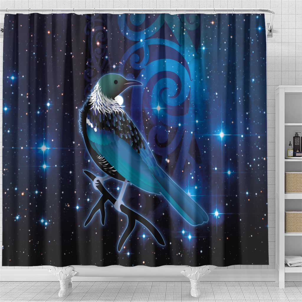 New Zealand Tui Bird Shower Curtain The Pleiades Star Cluster and Koru Tribal Tattoo Galaxy Vibe LT03 - Polynesian Pride