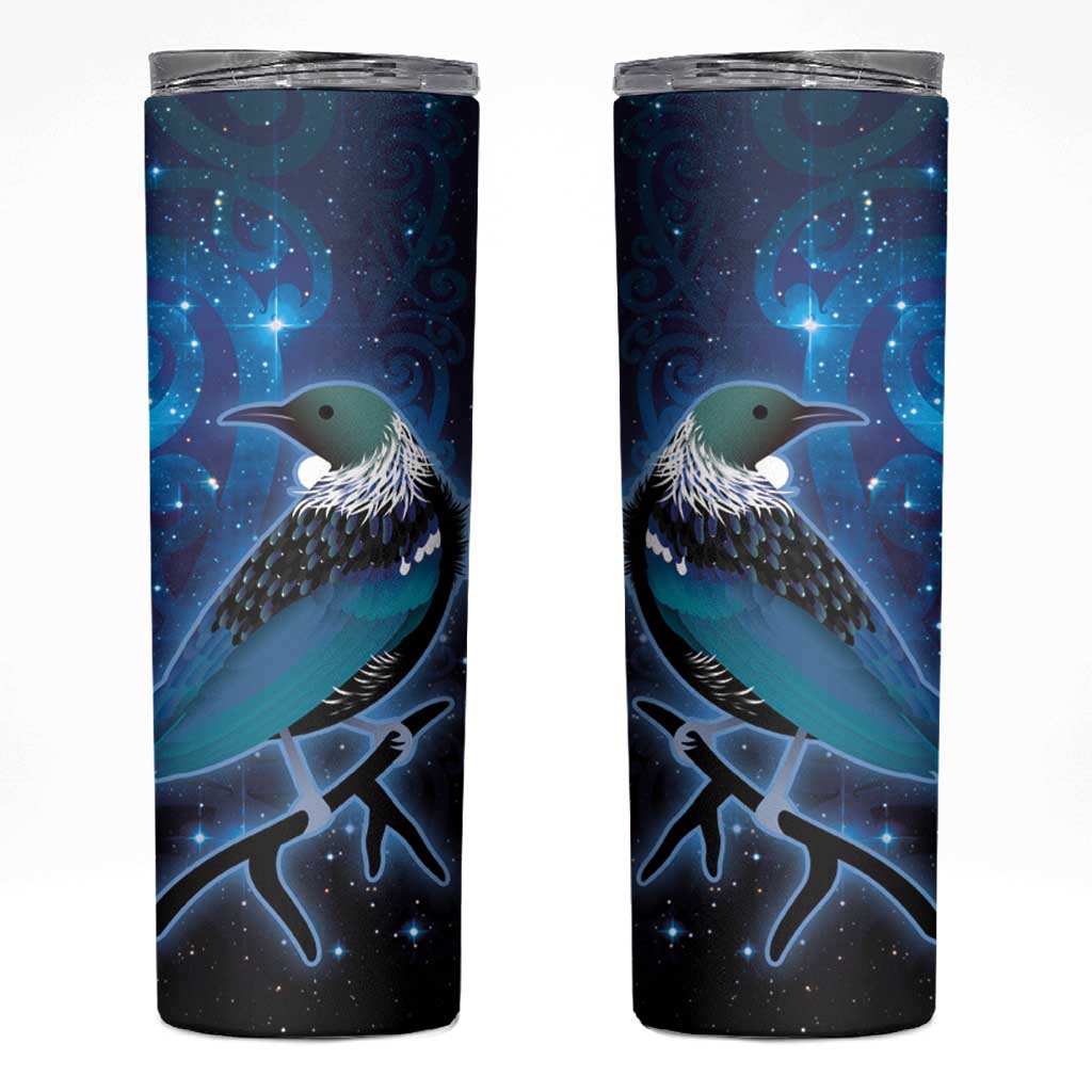 New Zealand Tui Bird Skinny Tumbler The Pleiades Star Cluster and Koru Tribal Tattoo Galaxy Vibe