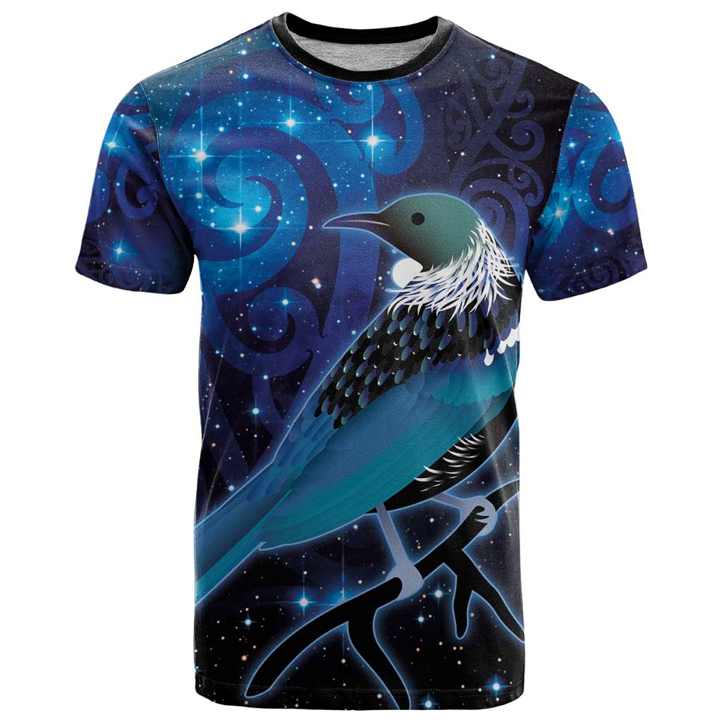 New Zealand Tui Bird T Shirt The Pleiades Star Cluster and Koru Tribal Tattoo Galaxy Vibe LT03 Blue - Polynesian Pride