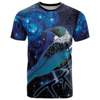 New Zealand Tui Bird T Shirt The Pleiades Star Cluster and Koru Tribal Tattoo Galaxy Vibe LT03 Blue - Polynesian Pride