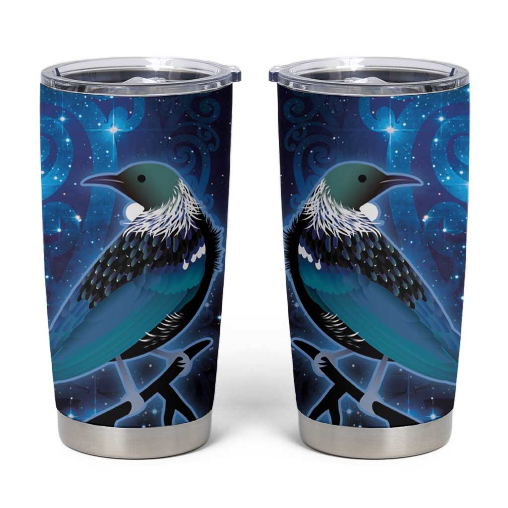 New Zealand Tui Bird Tumbler Cup The Pleiades Star Cluster and Koru Tribal Tattoo Galaxy Vibe