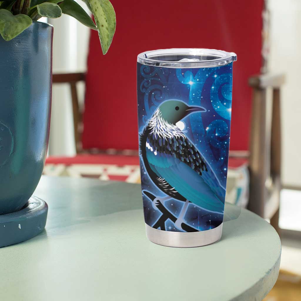 New Zealand Tui Bird Tumbler Cup The Pleiades Star Cluster and Koru Tribal Tattoo Galaxy Vibe
