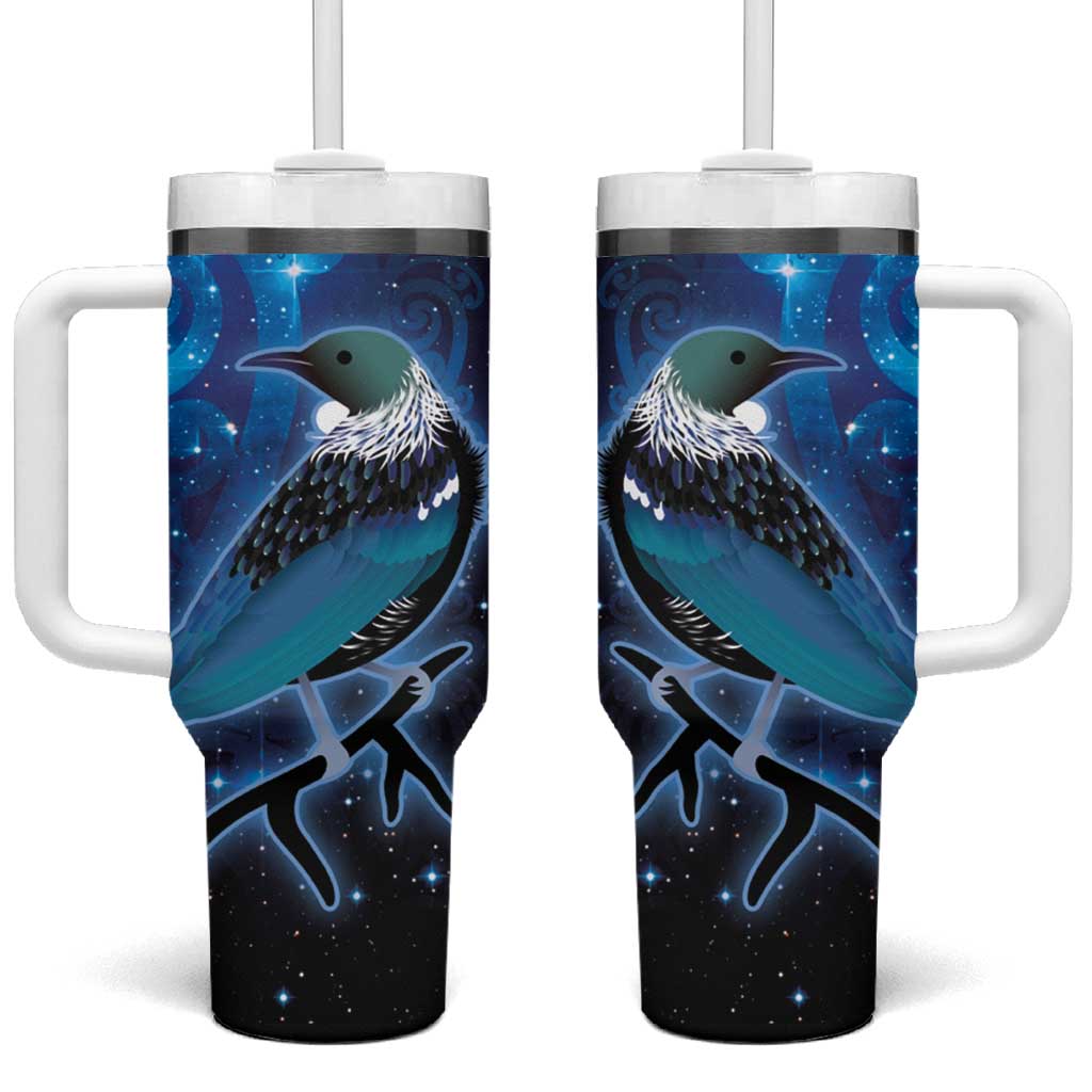 New Zealand Tui Bird Tumbler With Handle The Pleiades Star Cluster and Koru Tribal Tattoo Galaxy Vibe LT03 One Size: 40 oz Blue - Polynesian Pride