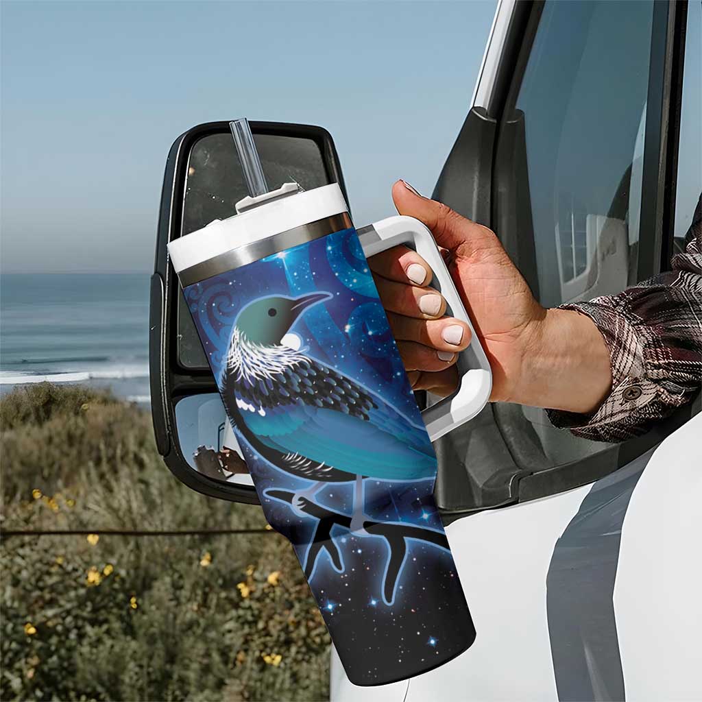 New Zealand Tui Bird Tumbler With Handle The Pleiades Star Cluster and Koru Tribal Tattoo Galaxy Vibe LT03 - Polynesian Pride