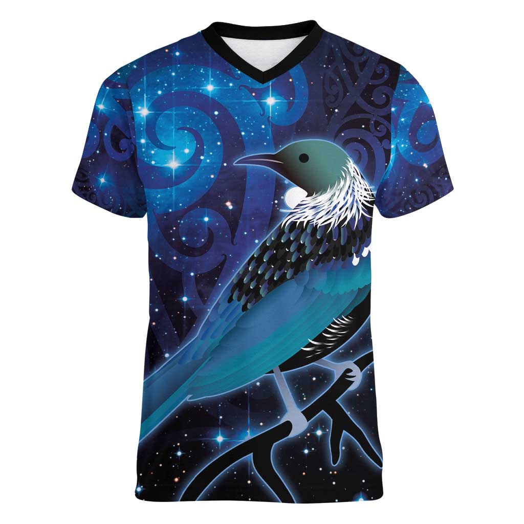 New Zealand Tui Bird Women V-Neck T-Shirt The Pleiades Star Cluster and Koru Tribal Tattoo Galaxy Vibe LT03 Female Blue - Polynesian Pride