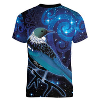 New Zealand Tui Bird Women V-Neck T-Shirt The Pleiades Star Cluster and Koru Tribal Tattoo Galaxy Vibe LT03 - Polynesian Pride