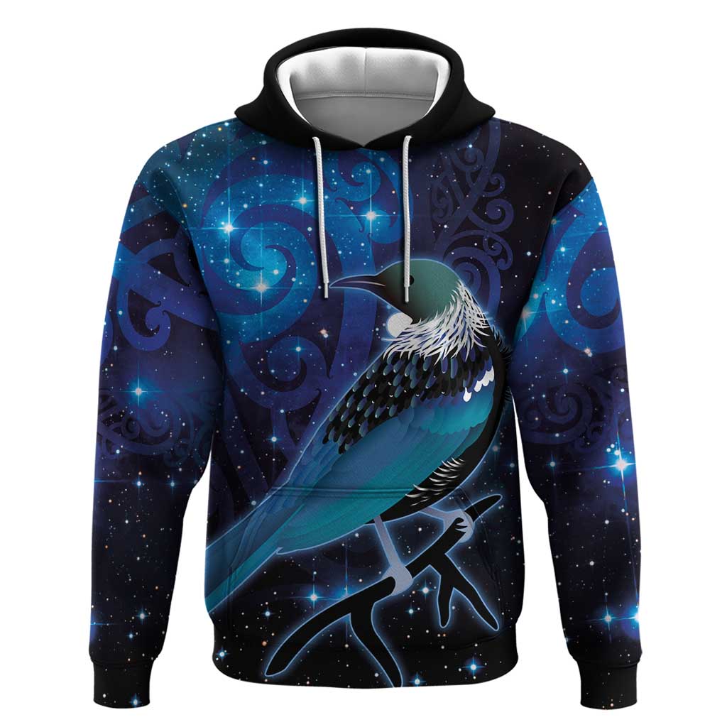 New Zealand Tui Bird Zip Hoodie The Pleiades Star Cluster and Koru Tribal Tattoo Galaxy Vibe