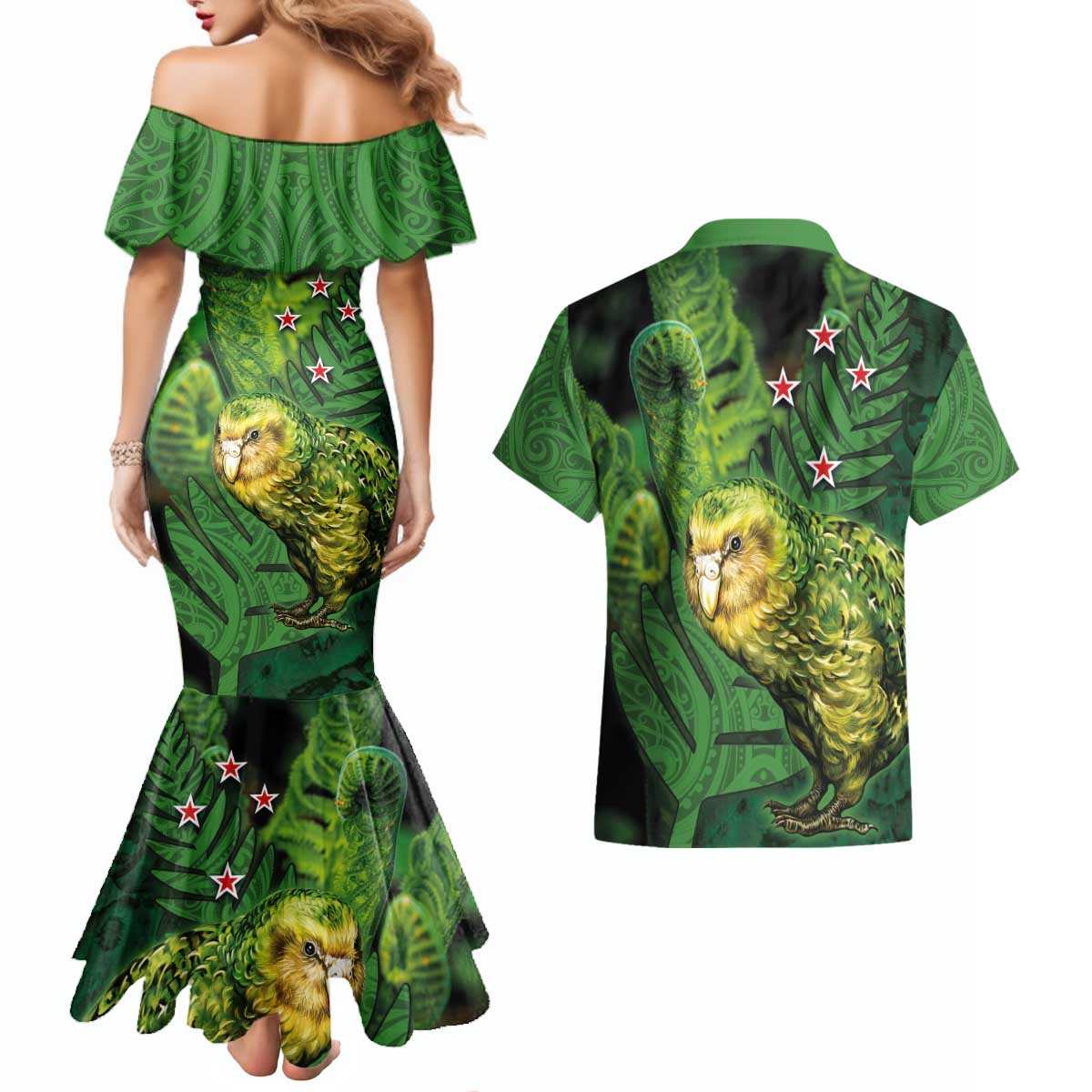 New Zealand Kākāpō Couples Matching Mermaid Dress and Hawaiian Shirt Silver Fern with Close up of Green Fern Leaves and Maori Tattoo