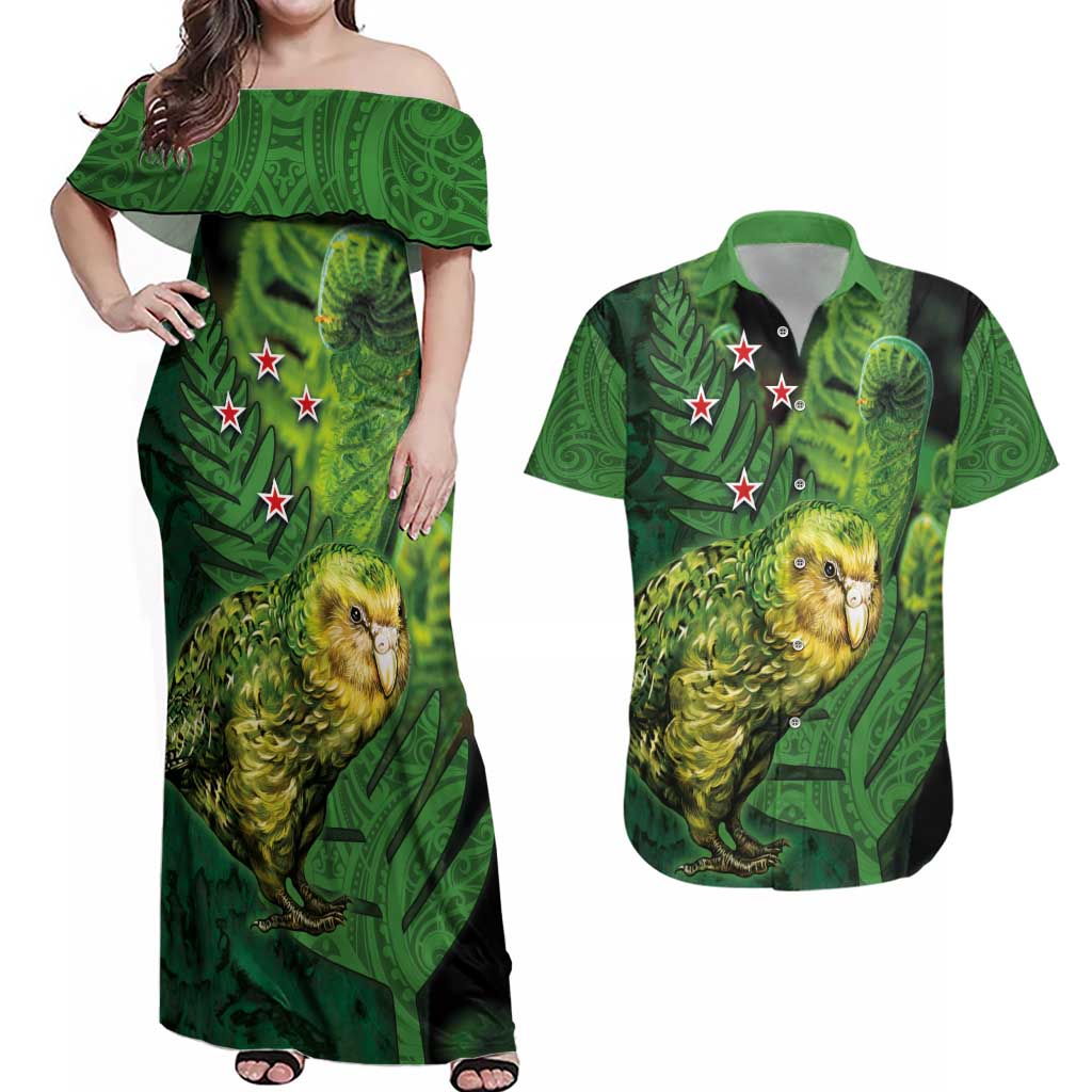 New Zealand Kkp Couples Matching Off Shoulder Maxi Dress and Hawaiian Shirt Silver Fern with Close up of Green Fern Leaves and Maori Tattoo LT03 Green - Polynesian Pride