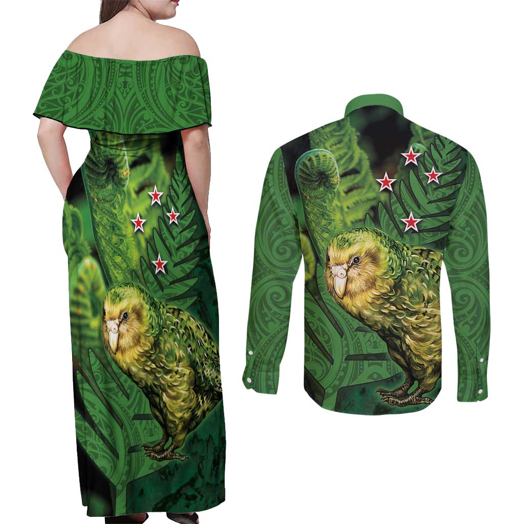 New Zealand Kākāpō Couples Matching Off Shoulder Maxi Dress and Long Sleeve Button Shirt Silver Fern with Close up of Green Fern Leaves and Maori Tattoo