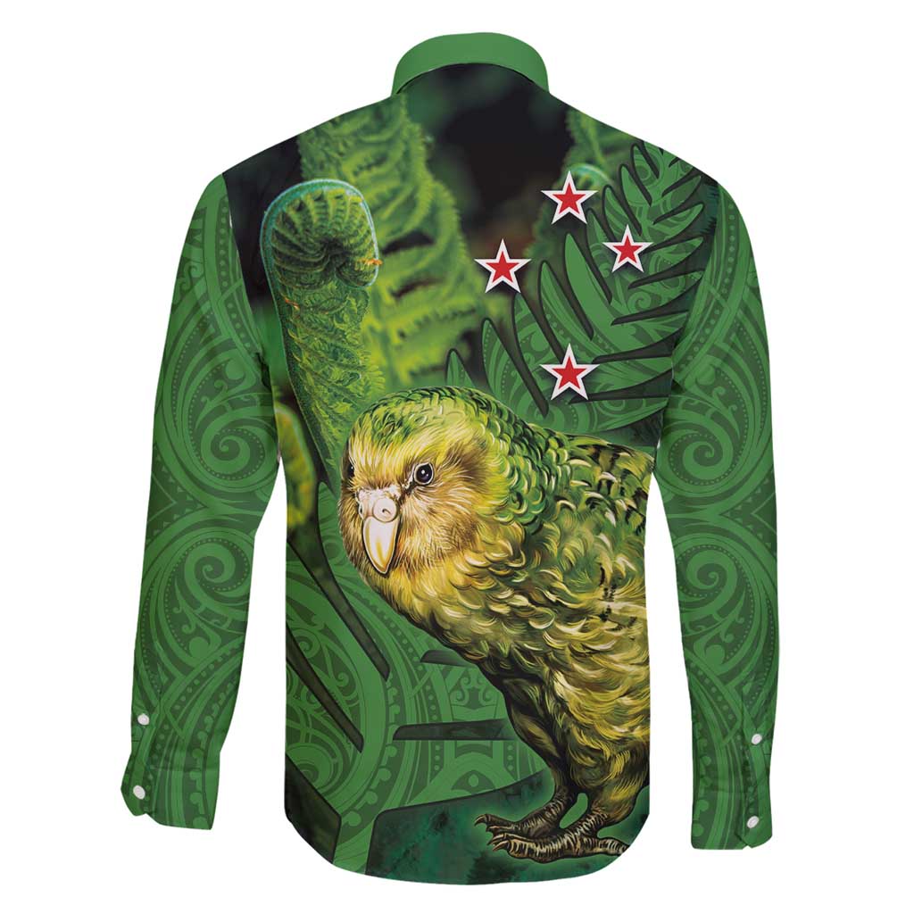 New Zealand Kākāpō Family Matching Long Sleeve Bodycon Dress and Hawaiian Shirt Silver Fern with Close up of Green Fern Leaves and Maori Tattoo