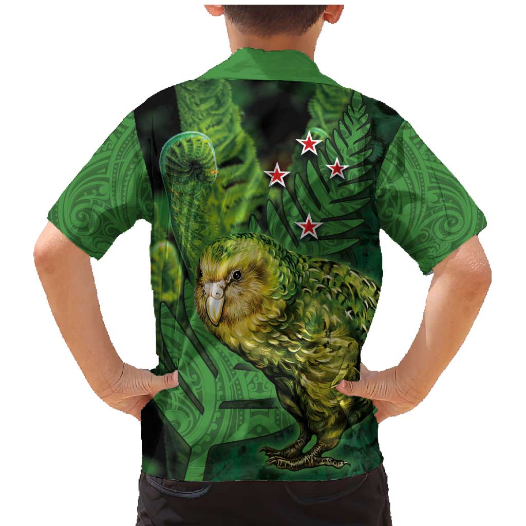 New Zealand Kākāpō Family Matching Mermaid Dress and Hawaiian Shirt Silver Fern with Close up of Green Fern Leaves and Maori Tattoo