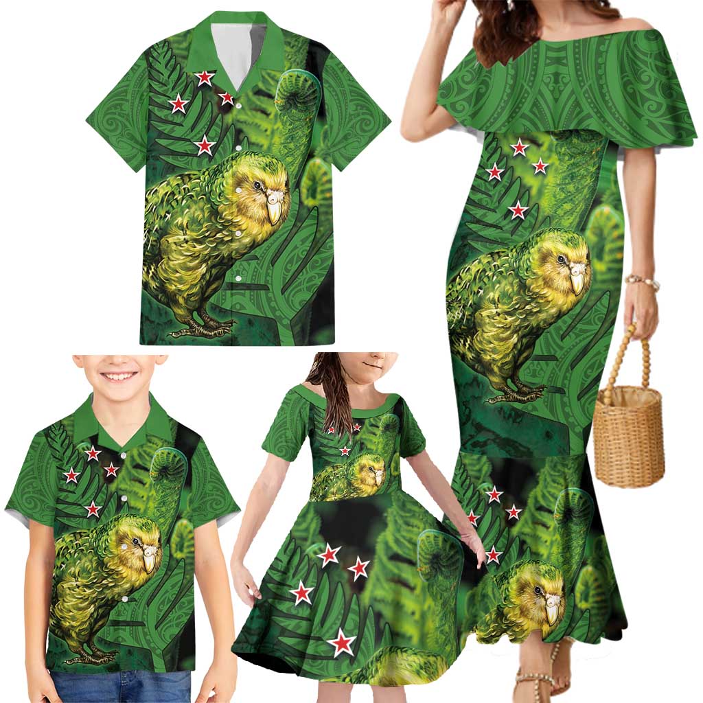 New Zealand Kkp Family Matching Mermaid Dress and Hawaiian Shirt Silver Fern with Close up of Green Fern Leaves and Maori Tattoo LT03 - Polynesian Pride