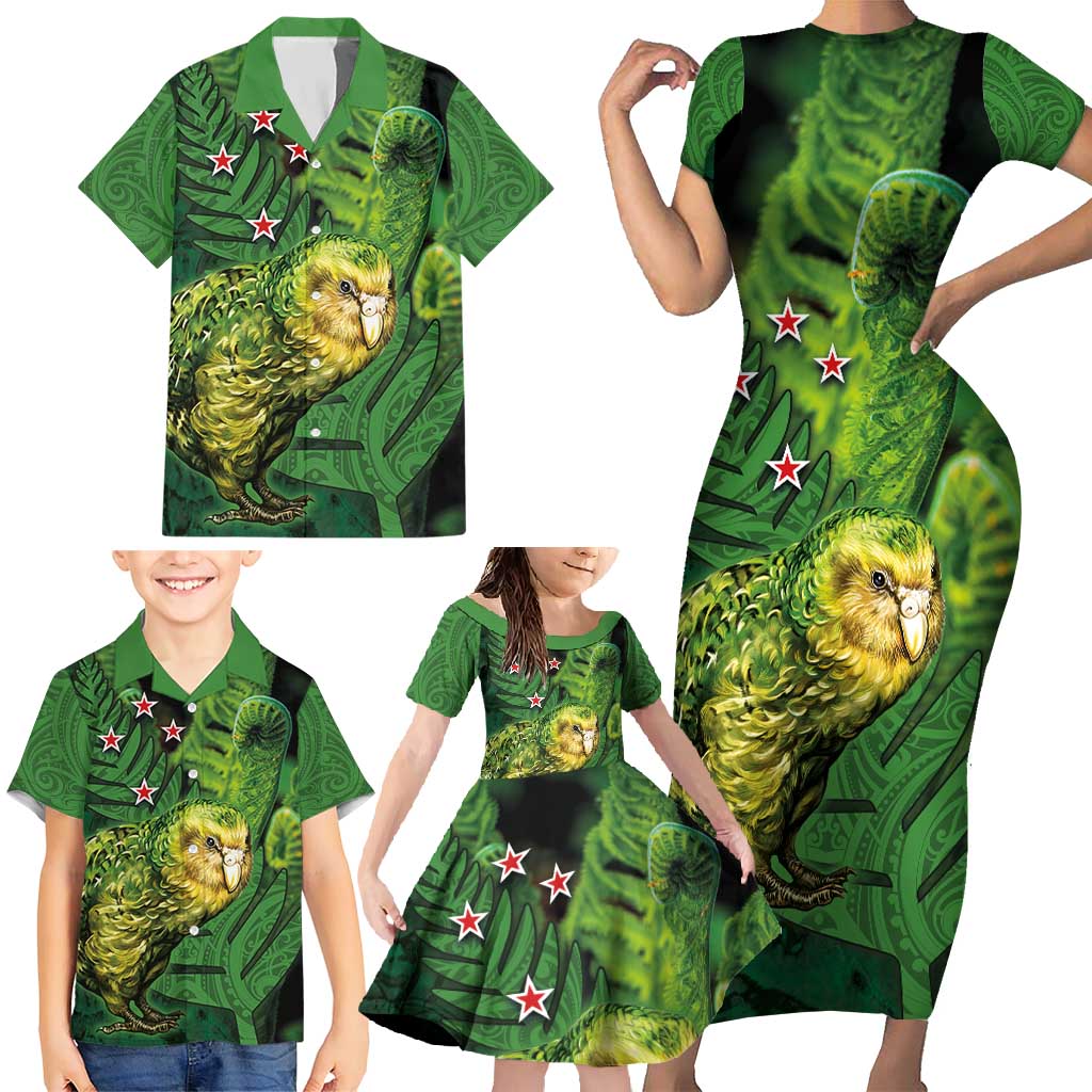New Zealand Kkp Family Matching Short Sleeve Bodycon Dress and Hawaiian Shirt Silver Fern with Close up of Green Fern Leaves and Maori Tattoo LT03 - Polynesian Pride