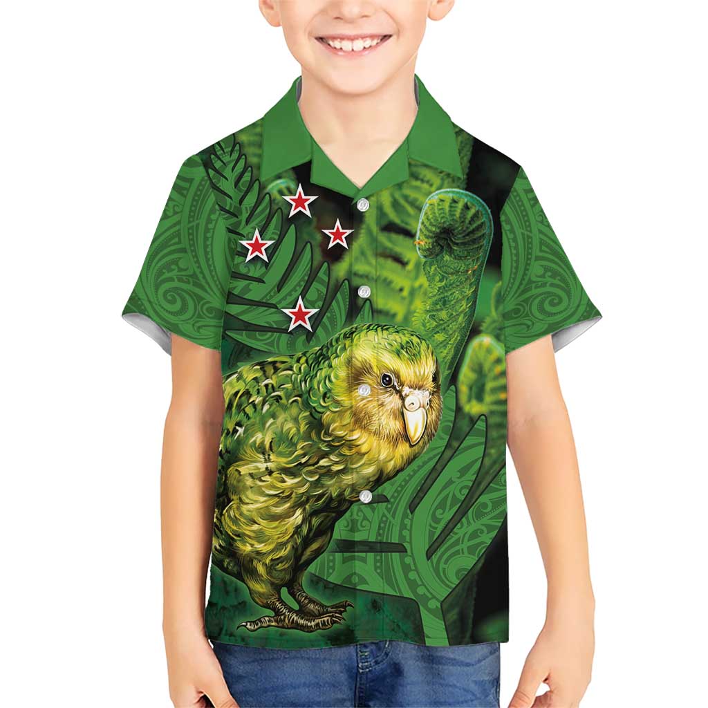 New Zealand Kkp Kid Hawaiian Shirt Silver Fern with Close up of Green Fern Leaves and Maori Tattoo LT03 Kid Green - Polynesian Pride