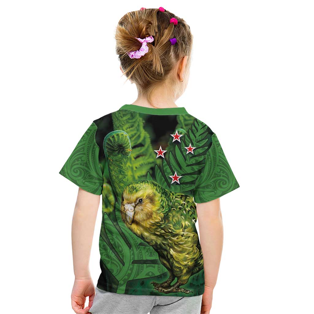 New Zealand Kkp Kid T Shirt Silver Fern with Close up of Green Fern Leaves and Maori Tattoo LT03 - Polynesian Pride